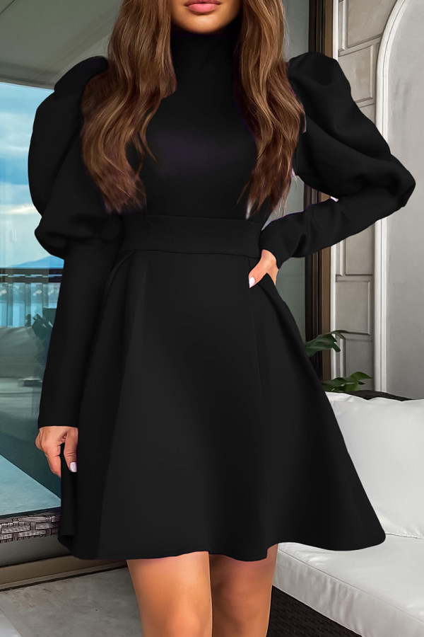 Zwarte elegante effen patchwork coltrui A-lijn jurken