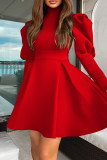 Красные элегантные однотонные лоскутные платья-водолазки трапециевидной формы с воротником-стойкой