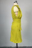 Rosarotes, süßes, einfarbiges Patchwork-Kleid in A-Linie mit V-Ausschnitt