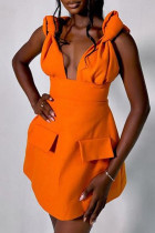 Orangefarbenes, süßes, einfarbiges Patchwork-Kleid in A-Linie mit V-Ausschnitt