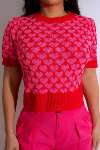 T-shirts à col rond contrastés en forme de coeur rouge doux