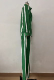 Зеленая повседневная полосатая лоскутная пряжка с отложным воротником и длинным рукавом из двух частей