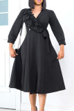 Zwarte elegante effen patchwork knopen vouw V-hals A-lijn jurken