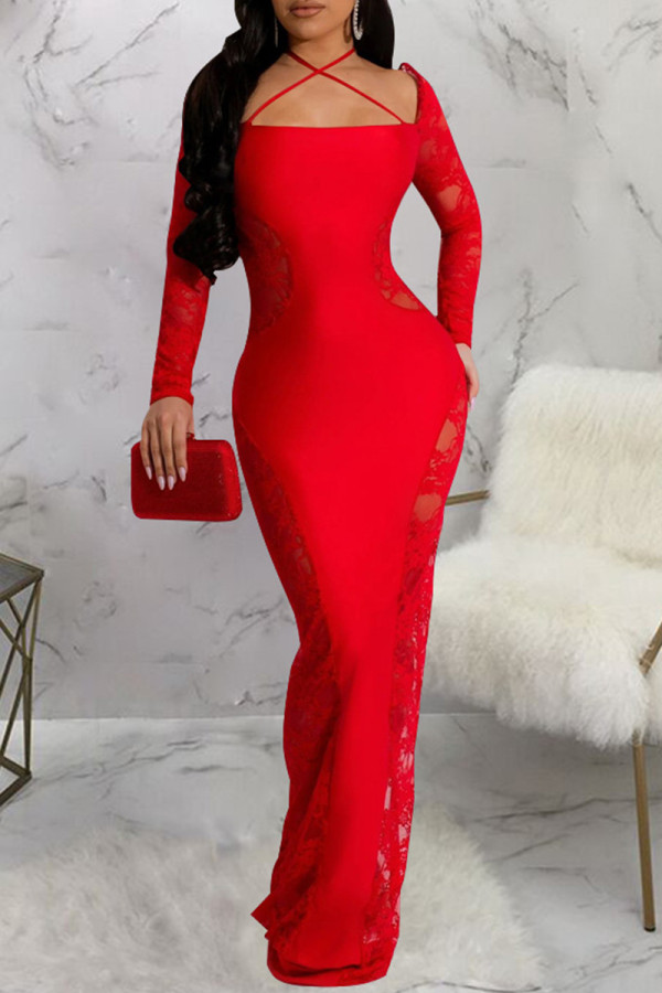 Vestido largo con cuello halter y retazos de encaje sexy rojo