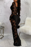 Black Sexy Patchwork Lace Patchwork Halter Long Dress Dresses