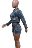 Light Blue College Embroidered Patchwork Pocket Buttons Zipper O Neck Long Sleeve Two Pieces Cross Denim Jacket And Shorts Sets