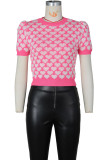 Red Sweet Heart Shaped Patchwork Contrast O Neck T-Shirts