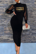 Zwarte elegante print patchwork mesh O-hals lange jurk jurken