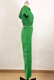 グリーン カジュアル ソリッド パッチワーク ドローストリング ポケット ボタン ジッパー フード付き襟 半袖 2 枚