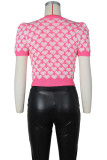 Rosafarbene, herzförmige, kontrastierende Patchwork-T-Shirts mit O-Ausschnitt