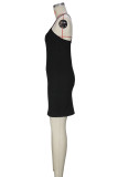 Black Elegant Solid Patchwork Backless Halter Wrapped Skirt Dresses