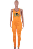 Oranje skinny jumpsuits met casual print en patchwork en vouw U-hals