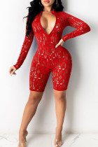Red Sexy Solid Ripped Patchwork Zipper Zipper Collar Skinny Rompers