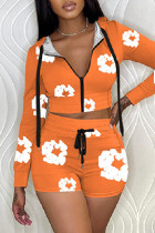 Orange Casual Floral Print Patchwork Zipper Hooded Collar Long Sleeve Two Pieces Cropped Jackets And Short Set