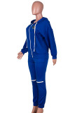 ブルー カジュアル プリント パッチワーク ドローストリング ジッパー フード付き襟 長袖 2 枚