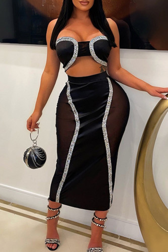 Svarta sexiga kändisar Solid Patchwork Genomskinlig Hot Drill Dragkedja Axelbandslösa långa klänningar