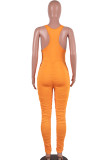Oranje skinny jumpsuits met casual print en patchwork en vouw U-hals