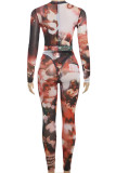 Brown Sexy Print Patchwork Zipper O Neck Skinny Jumpsuits