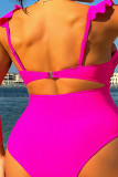 Розово-красная спортивная одежда Однотонные лоскутные купальники с воланами (с подкладками)