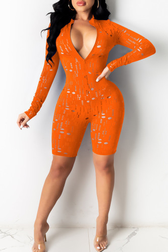 Tangerine Red Sexy Solid Ripped Patchwork Zipper Zipper Collar Skinny Rompers