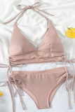 Pink Sportswear Solid Patchwork Draw String Swimwears(With Paddings)