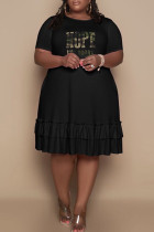 Zwarte casual print patchwork vouw O-hals rechte grote maten jurken