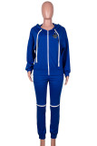 ブルー カジュアル プリント パッチワーク ドローストリング ジッパー フード付き襟 長袖 2 枚