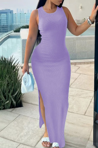 Light Purple Casual Solid Patchwork Thigh Split O Neck Long Bodycon Maxi Dresses