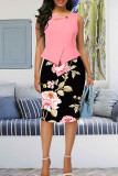 Pink Sexy Floral Hollowed Out Patchwork Buttons Slit Asymmetrical Collar Princess Dresses