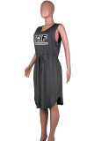Dark Gray Casual Print Bandage Patchwork V Neck Long Dress Plus Size Dresses
