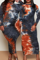 Deep Blue Street Print Patchwork O Neck Printed Dress Plus Size Klänningar