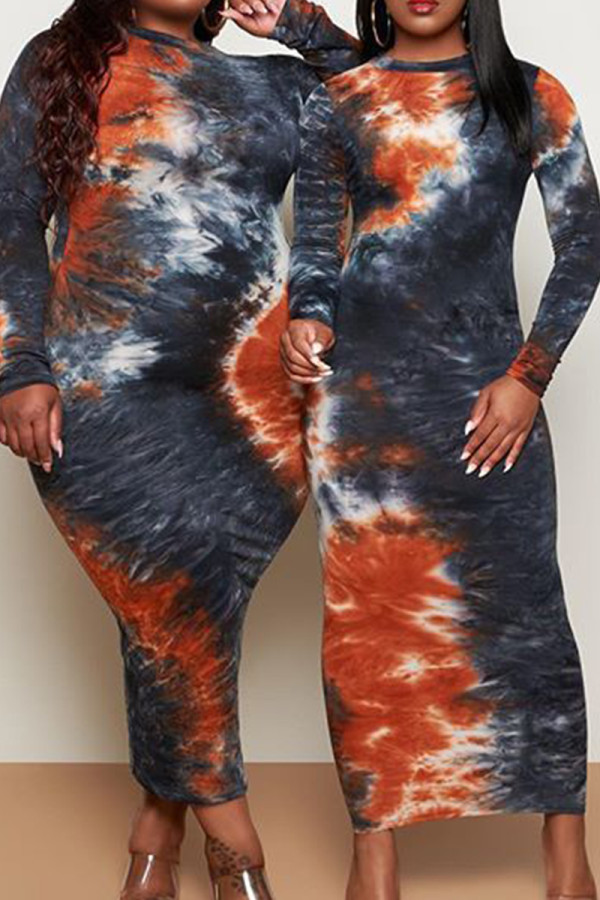 Deep Blue Street Print Patchwork O Neck Printed Dress Plus Size Dresses