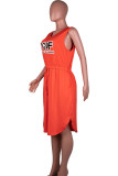 Orange Red Casual Print Bandage Patchwork V Neck Long Dress Plus Size Dresses