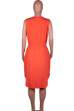 オレンジレッドカジュアルプリント包帯パッチワークVネックロングドレスプラスサイズドレス