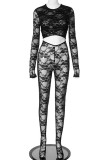 Schwarzer Street Solid Patchwork Durchsichtiger Skinny Jumpsuit mit O-Ausschnitt