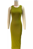 Зеленые повседневные однотонные лоскутные длинные платья с разрезом и круглым вырезом