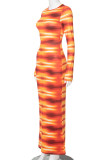 Красное сексуальное длинное платье с уличным принтом в стиле пэчворк и круглым вырезом