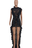 Black Sexy Solid Lace Patchwork Flounce Asymmetrical Collar Long Dress Dresses