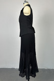 Black Sweet Solid Patchwork Buckle Pleated Turn-back Collar Sleeveless Two Pieces