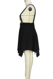 Black Sweet Solid Patchwork Buttons Asymmetrical Asymmetrical Collar Strap Dress Plus Size Dresses
