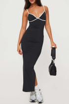 Zwarte straat-patchwork-rugloze split-contrast-spaghetti-band lange jurk-jurken
