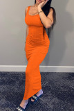 Tangerine Red Sexy Prominente Solide Patchwork U-Ausschnitt Langes Kleid Kleider
