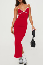 Длинные платья Red Street в стиле пэчворк с открытой спиной и разрезом на тонких бретельках с контрастом