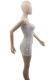 Vita Sexiga Solid Patchwork Genomskinliga klänningar med sned krage