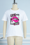 T-shirts décontractés blancs à col rond imprimés avec lettres et lèvres
