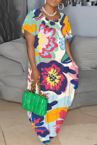 Vestido de manga corta con cuello en O básico con estampado informal multicolor Vestidos de talla grande