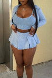 Sky Blue Casual Street Solid Patchwork Turndown Collar Long Sleeve Three Pieces Crop Tops And Pleated Skirts Sets