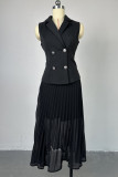Black Sweet Solid Patchwork Buckle Pleated Turn-back Collar Sleeveless Two Pieces