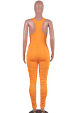 Oranje skinny jumpsuits met zoete print en patchwork en vouw met U-hals