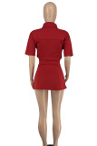 Red Elegant Solid Patchwork Pocket Buckle Turndown Collar Half Sleeve Two Pieces